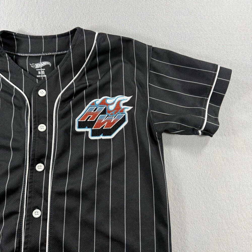Hot Wheels Baseball Jersey Youth Medium YMD 8 Black Pinstripe Button Up EUC